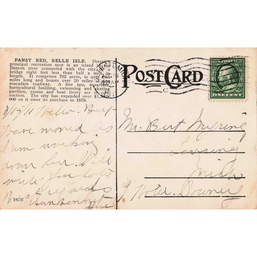 Detroit Michigan MI Belle Isle Park Pansy Bed Bridge 1911 Divided Back Postcard - Picture 2 of 2